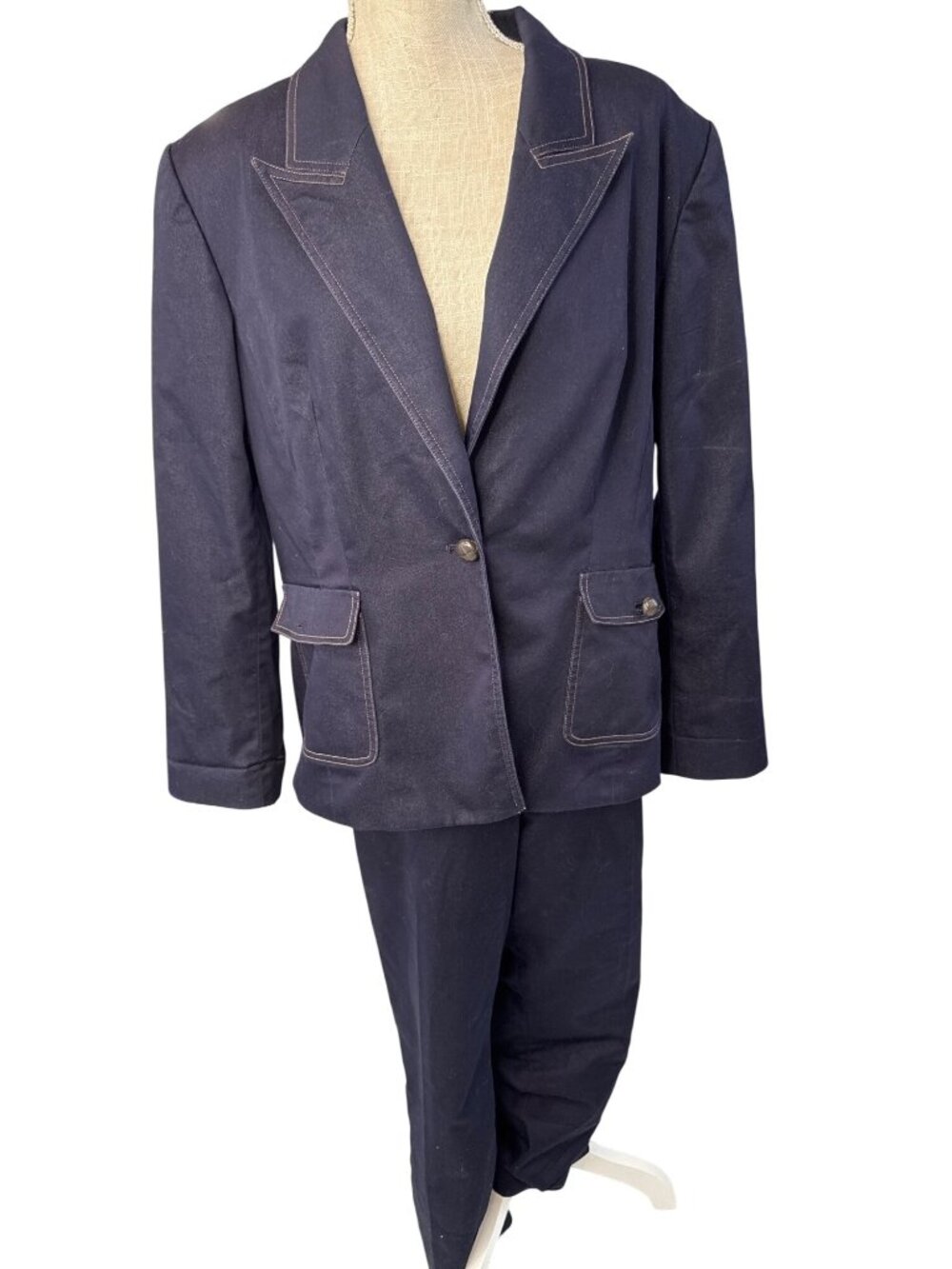 Preston & York Womens Navy Blazer & Pants Suit Size 18 With Contrast Stitching